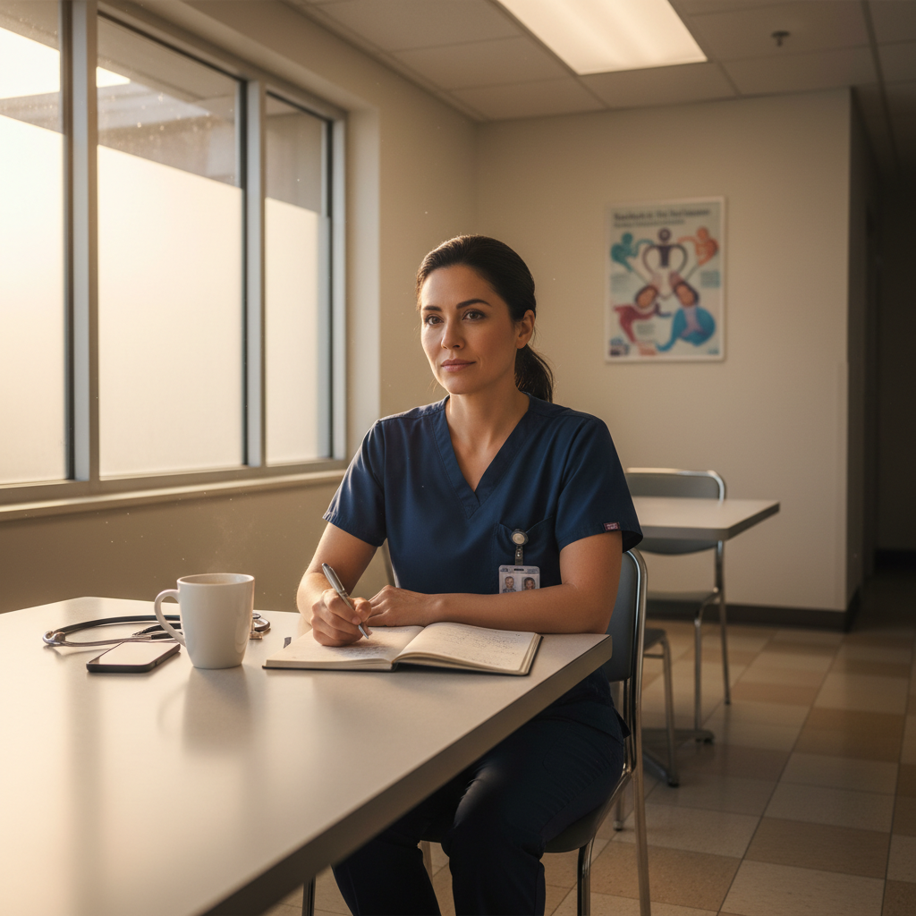 Healthcare worker reflecting in break room with journal during mid-year career check-in