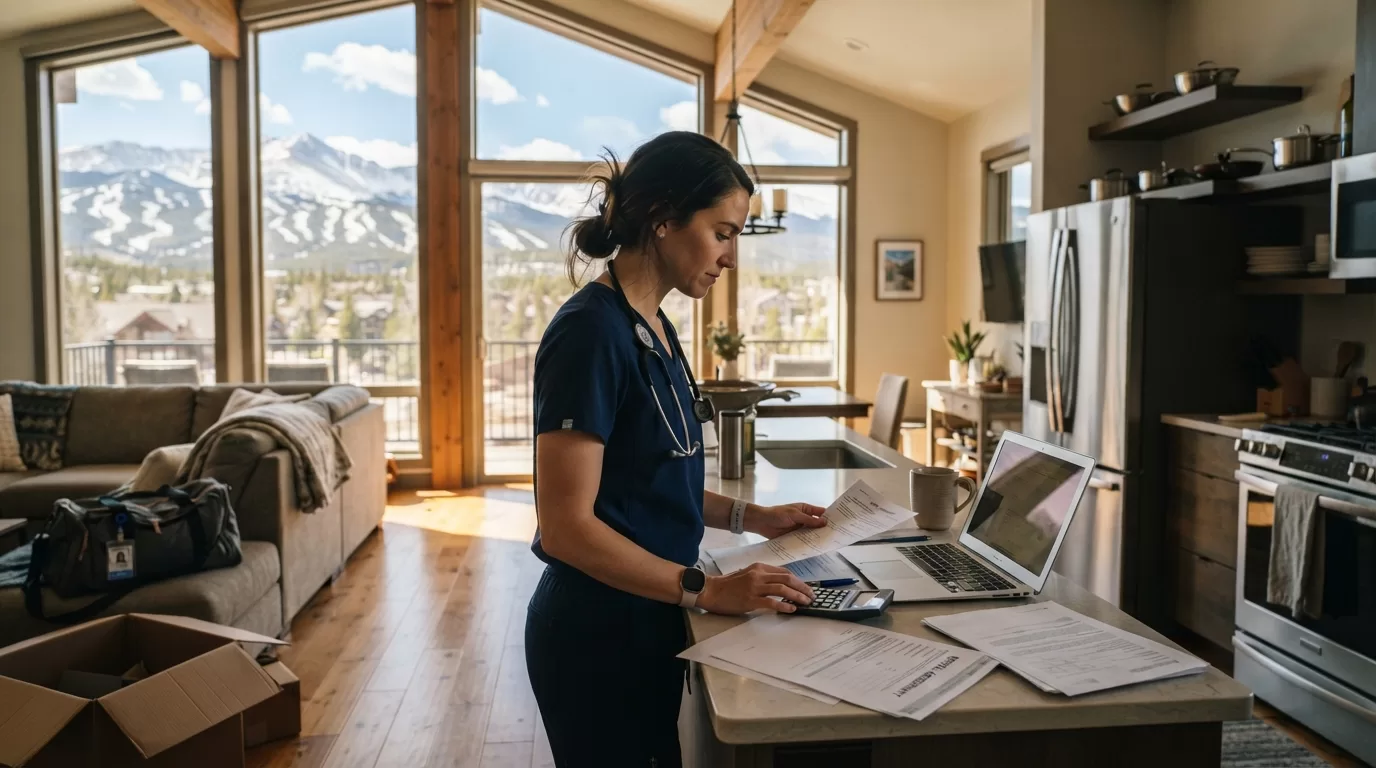 Travel nurse reviewing housing paperwork in mountain apartment with windows showing peaks