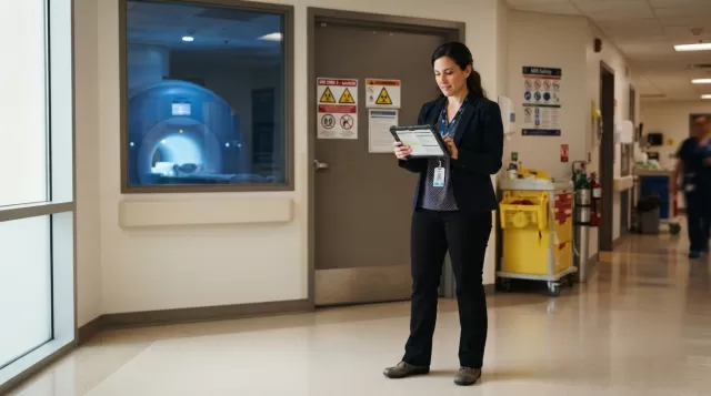 MRI technologist reviewing safety protocols outside scanner room with tablet and documentation