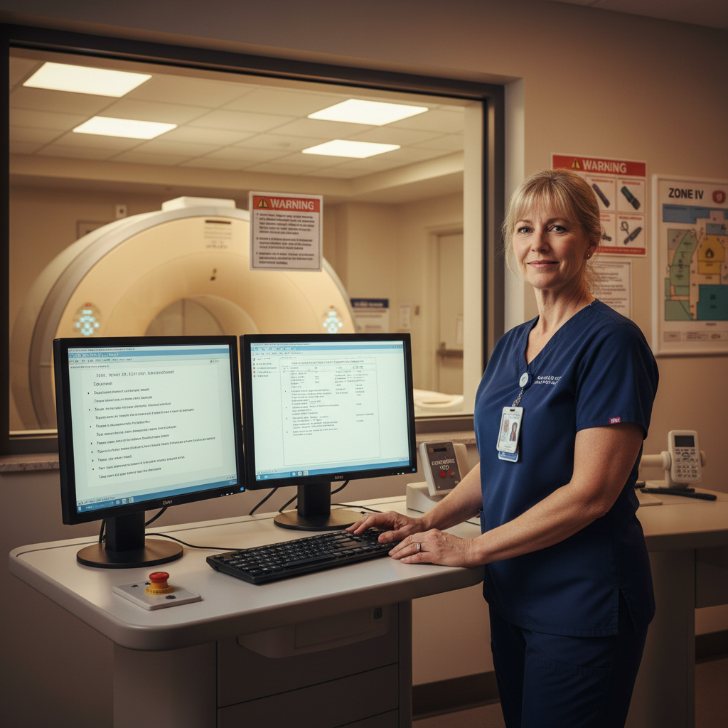 MRI technologist reviewing safety protocols at control console in hospital radiology department