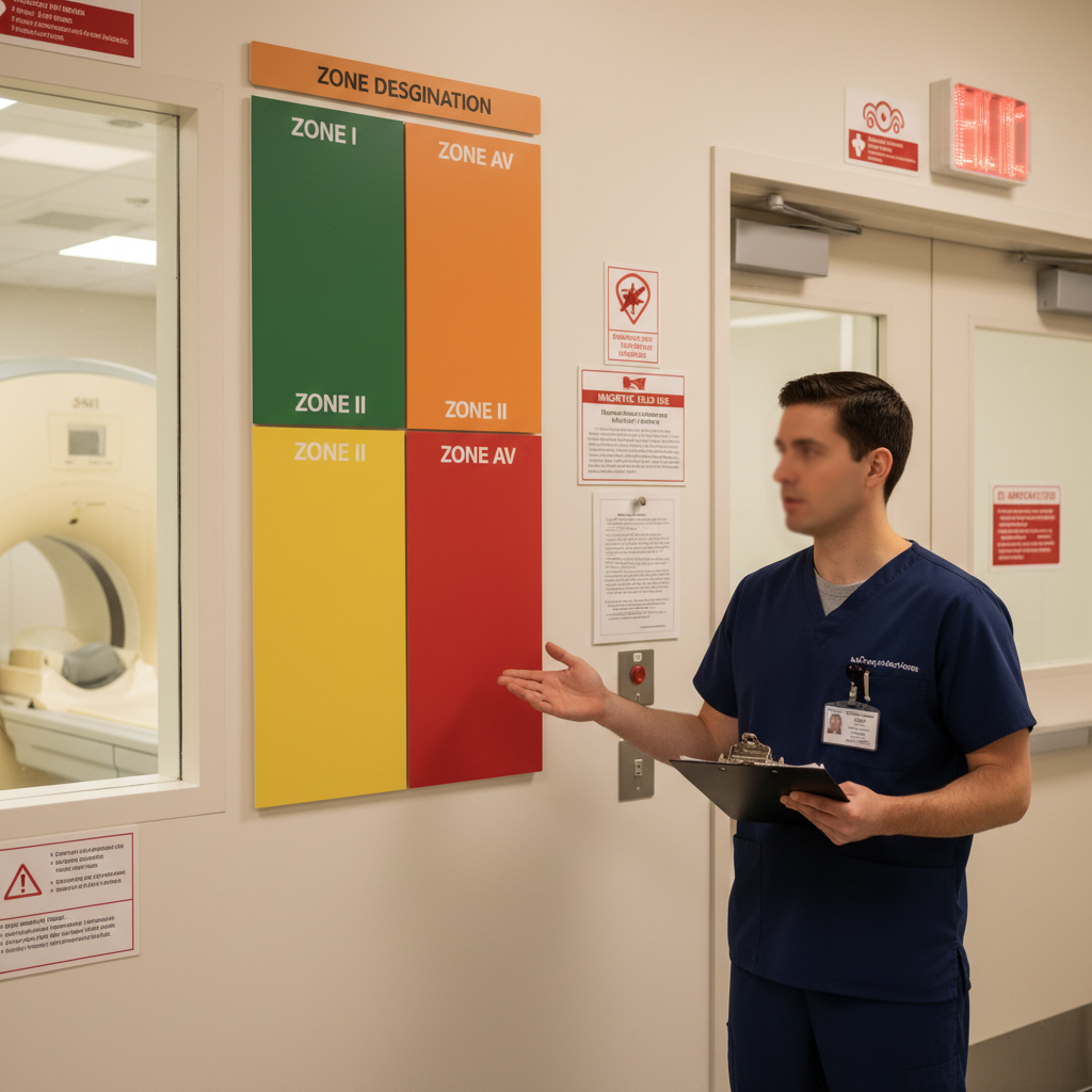 MRI technologist reviewing safety zone designations at controlled access entrance to magnet room