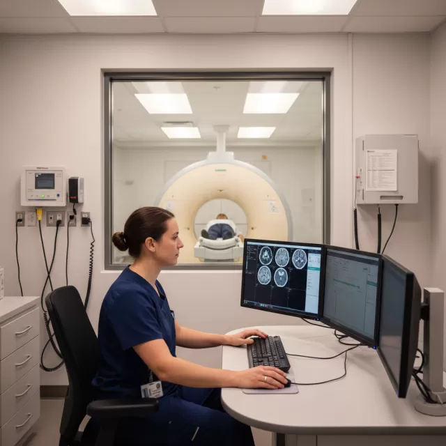 MRI technologist at console reviewing scans with patient in MRI scanner visible through control room window