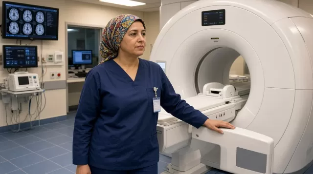 MRI technologist in headscarf standing beside scanner in hospital radiology suite