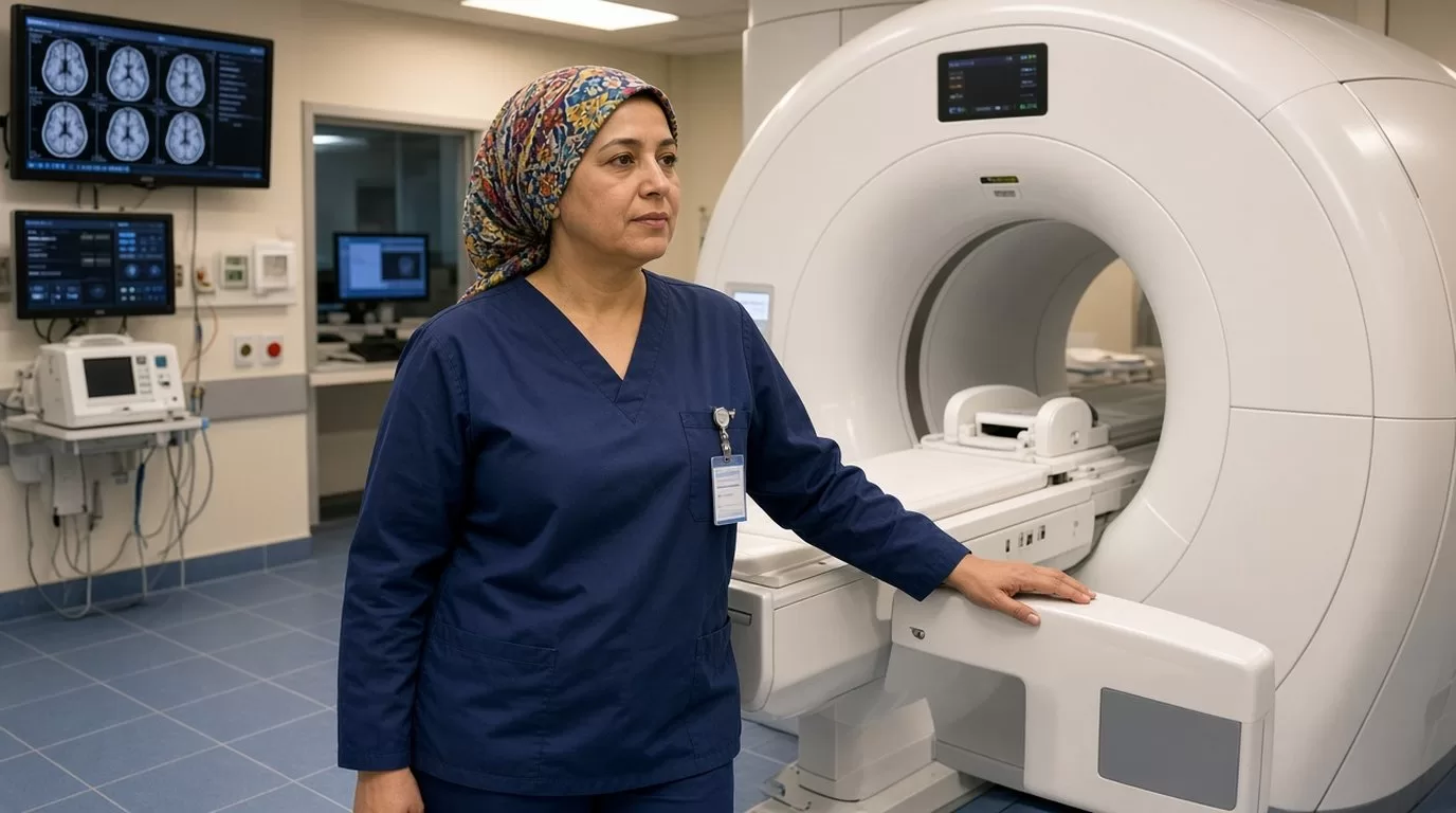 MRI technologist in headscarf standing beside scanner in hospital radiology suite