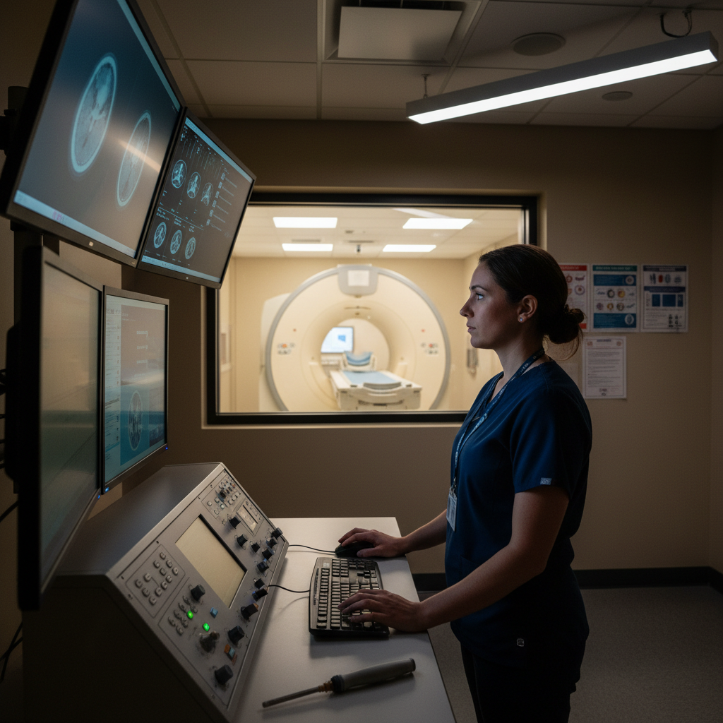 MRI technologist at control console monitoring patient scan with safety protocols visible