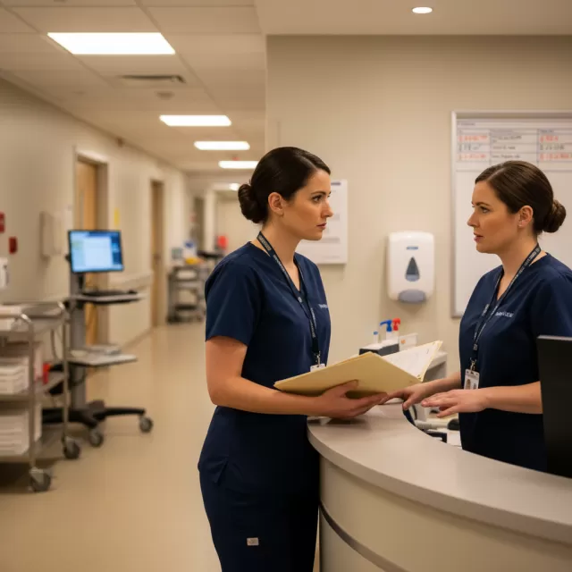 Nurse having professional conversation with manager at hospital nurses station