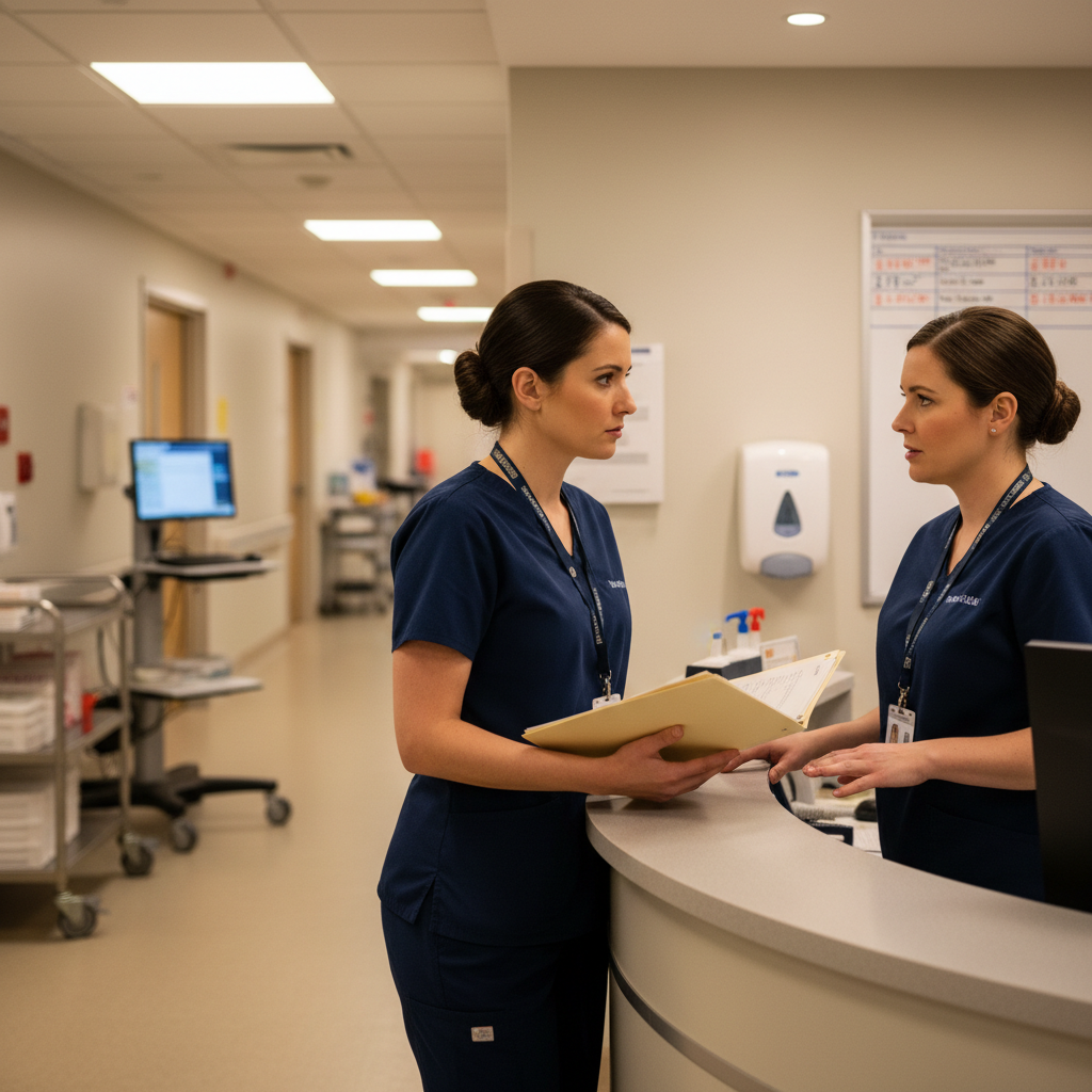 Nurse having professional conversation with manager at hospital nurses station