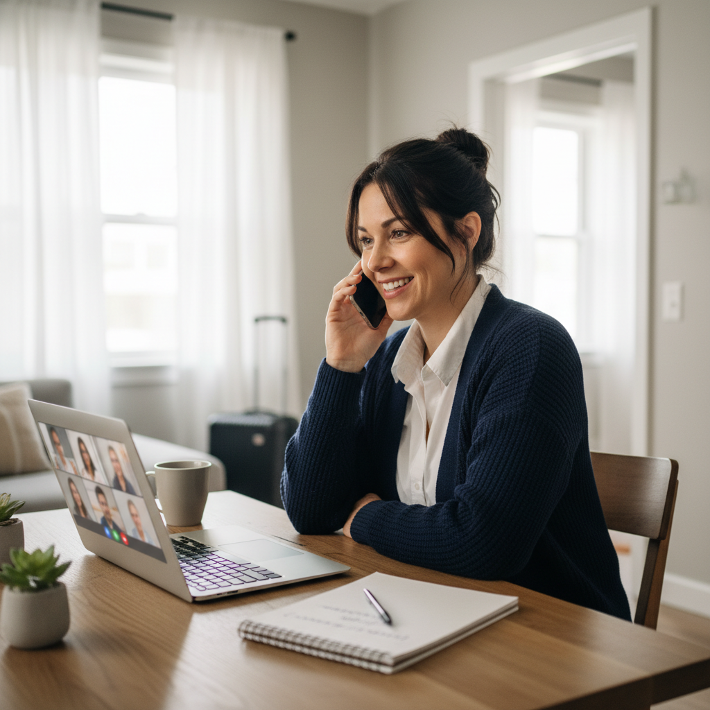 Travel nurse conducting phone interview from apartment kitchen with laptop and notes