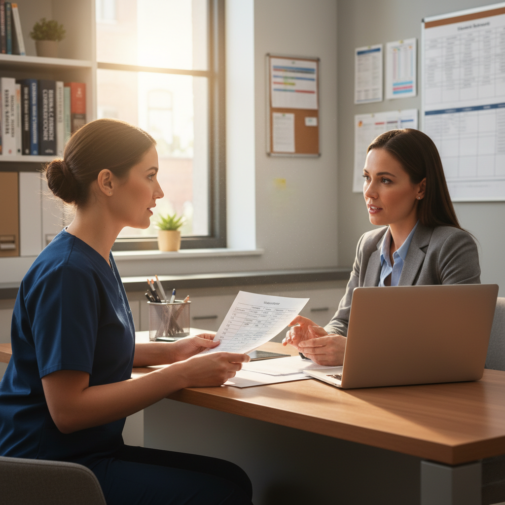 Med-surg RN discussing shift differential compensation with nurse manager in hospital office