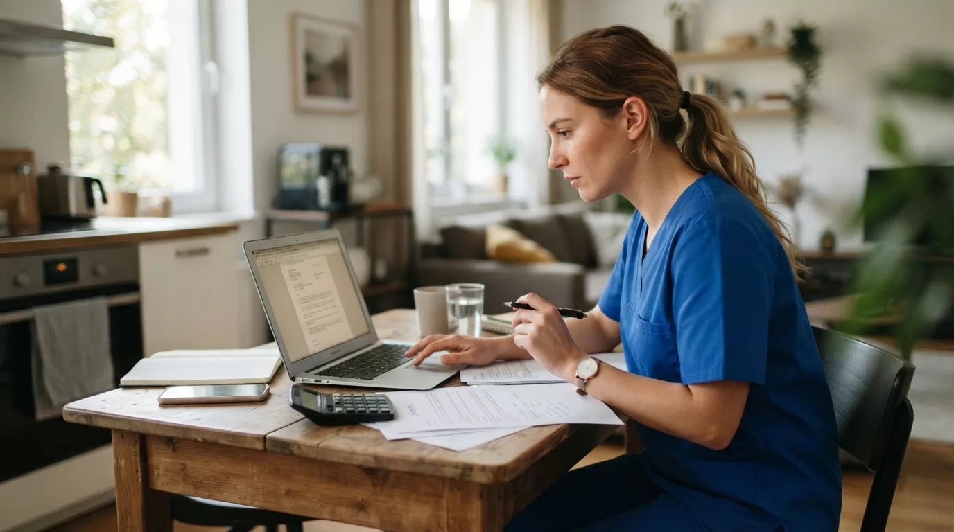 Travel nurse reviewing contract numbers and pay rates at apartment table with laptop
