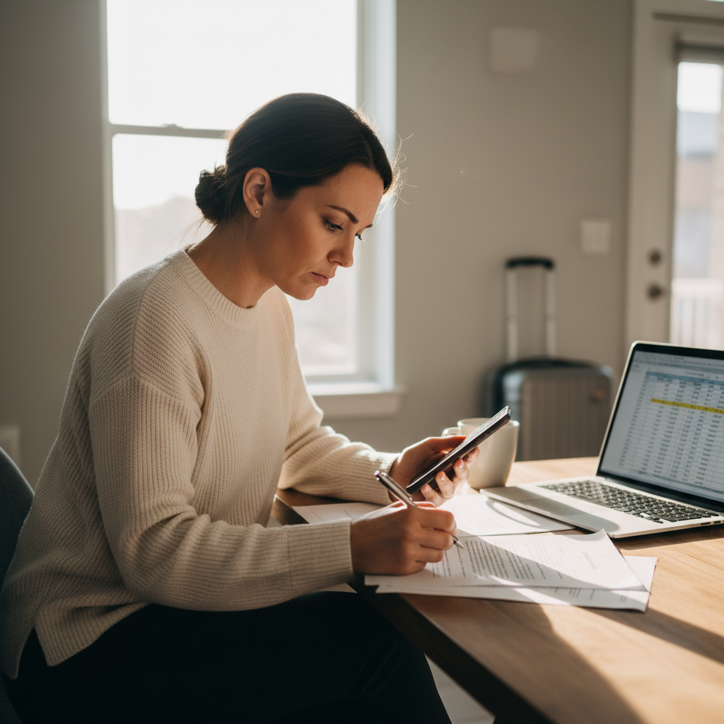 Travel nurse reviewing contract documents at kitchen table while on phone with recruiter