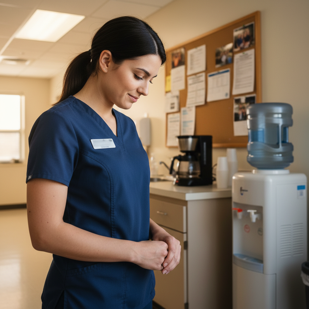 New grad nurse in hospital break room showing vulnerable moment of honesty