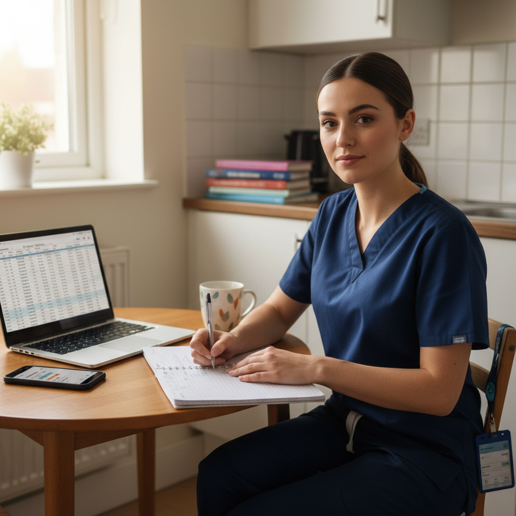 New graduate nurse planning monthly budget and emergency fund savings at home kitchen table