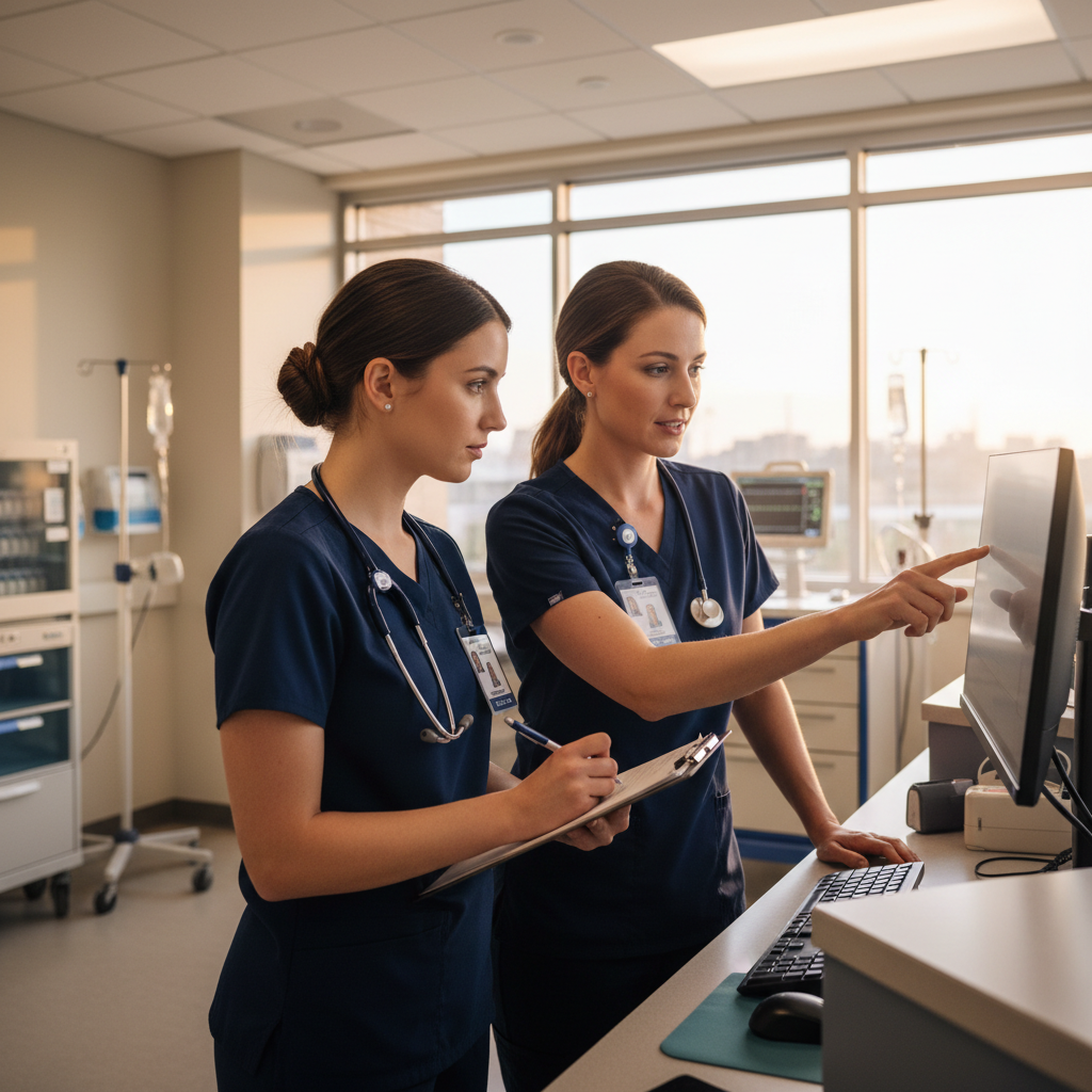 New graduate RN reviewing patient chart with preceptor at hospital nurses station during orientation