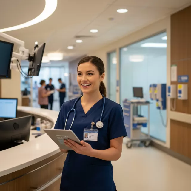 New graduate RN reviewing job offers at modern hospital nursing station