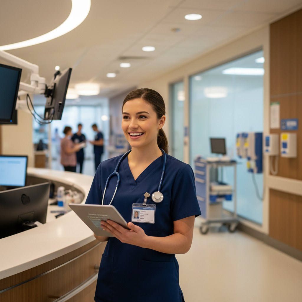 New graduate RN reviewing job offers at modern hospital nursing station