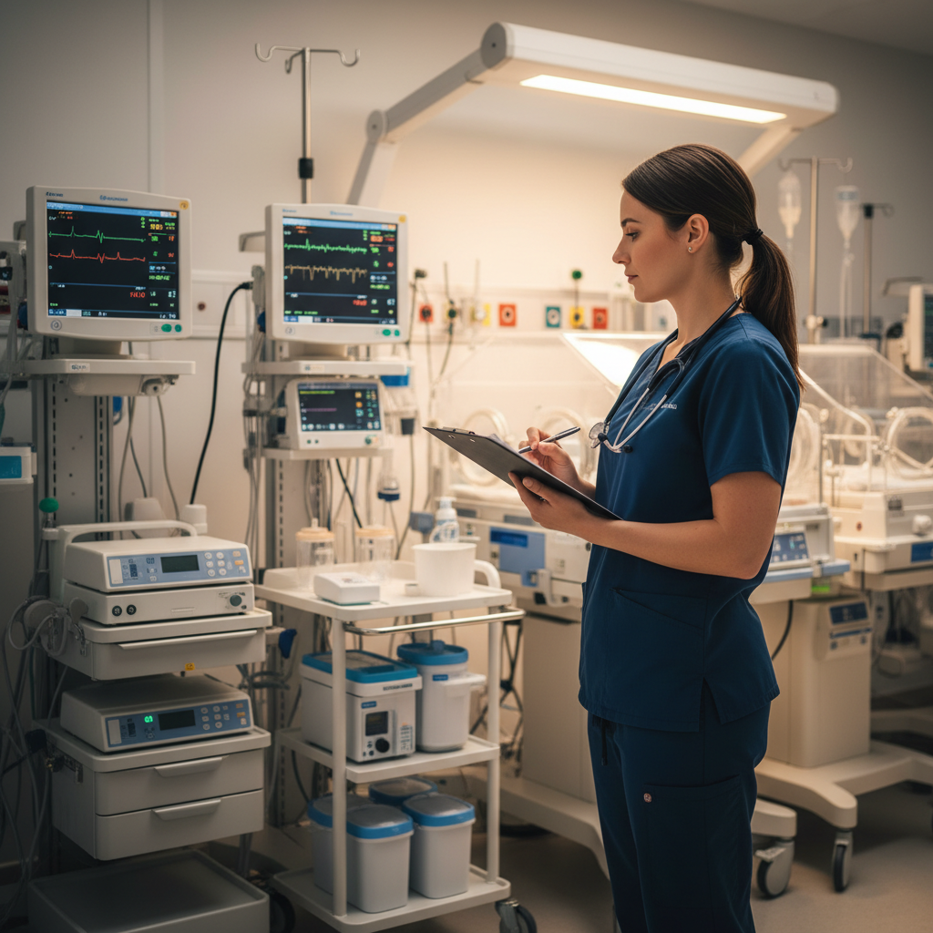 Respiratory therapist in NICU unit with neonatal ventilators and medical equipment during shift preparation