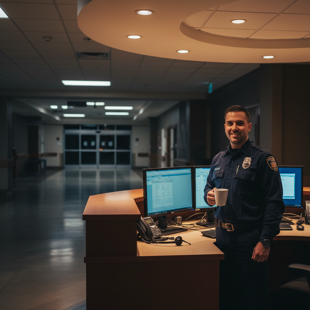 Hospital security guard at night shift desk greeting staff with warm smile and coffee