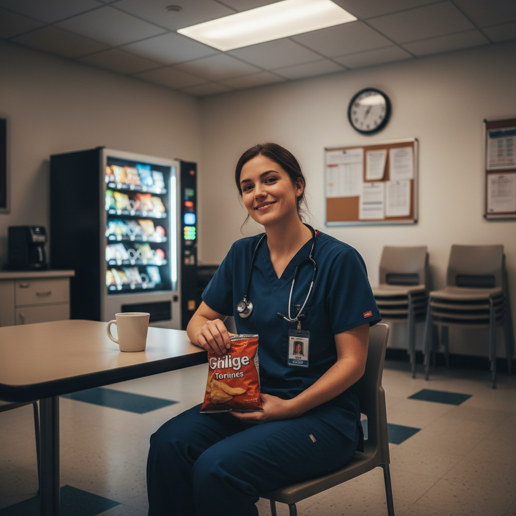 Night shift nurse enjoying snacks in hospital break room during 3 AM break