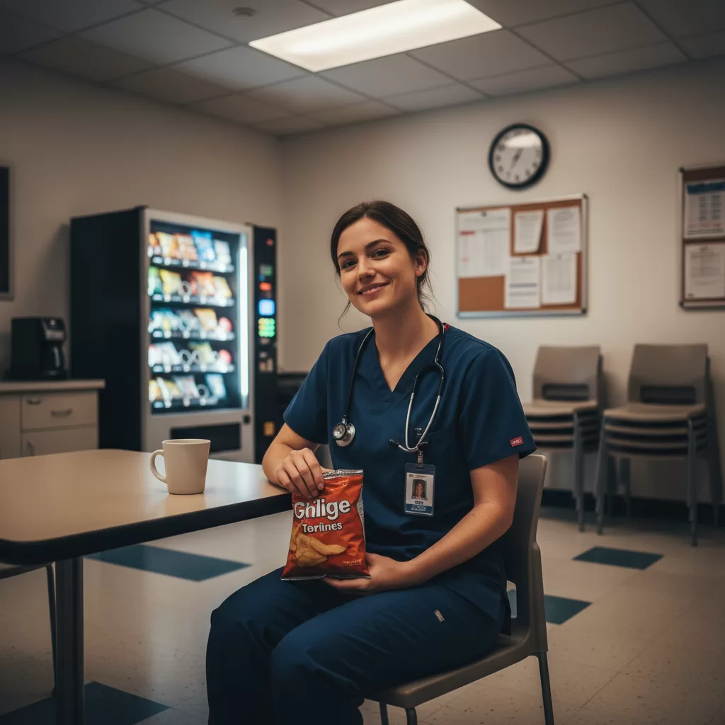 Night shift nurse enjoying snacks in hospital break room during 3 AM break