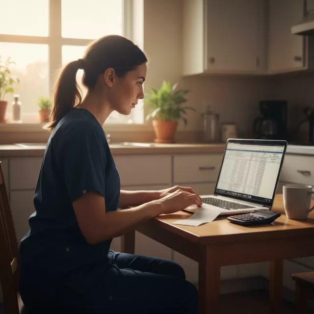 Nurse reviewing financial documents and paycheck at home after night shift