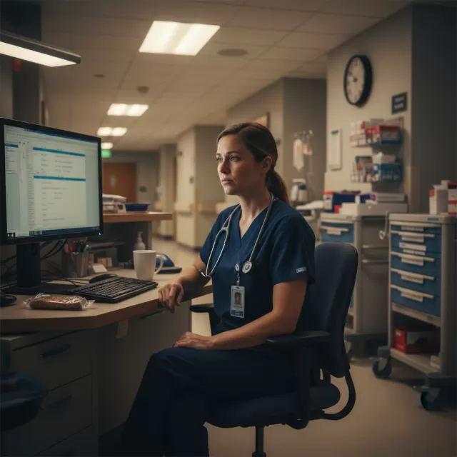 Night shift RN at nurses station during overnight hospital shift with computer and coffee