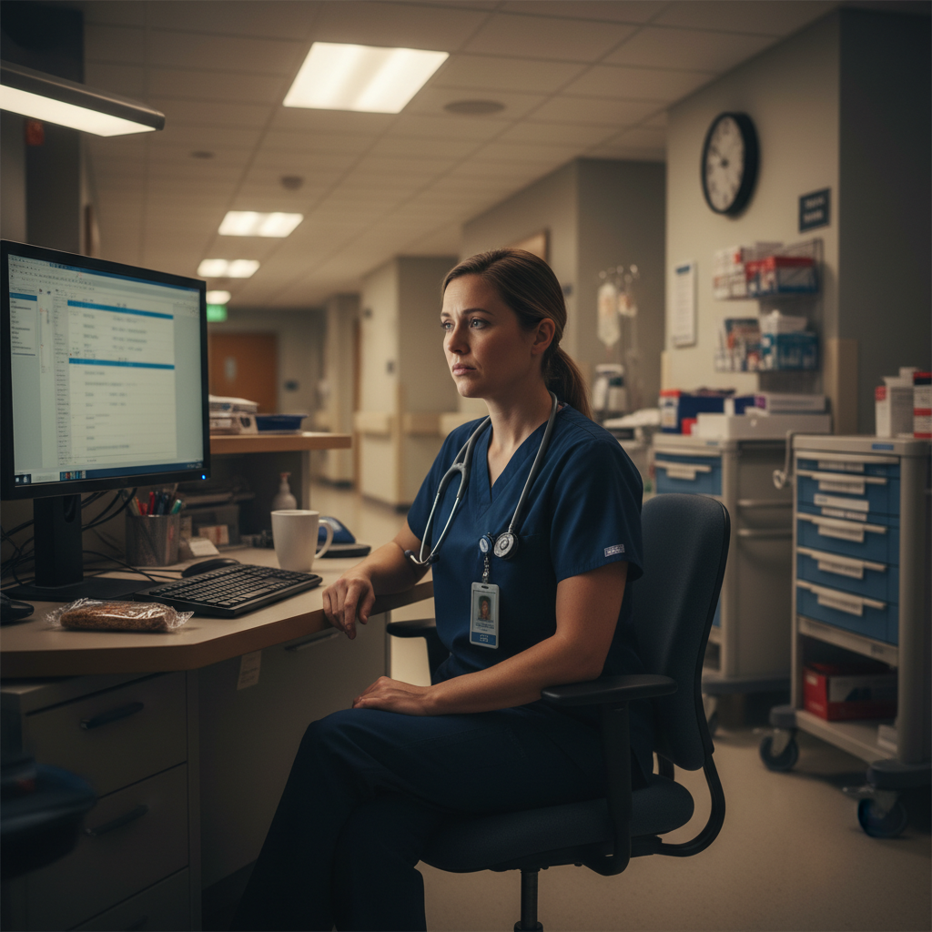 Night shift RN at nurses station during overnight hospital shift with computer and coffee