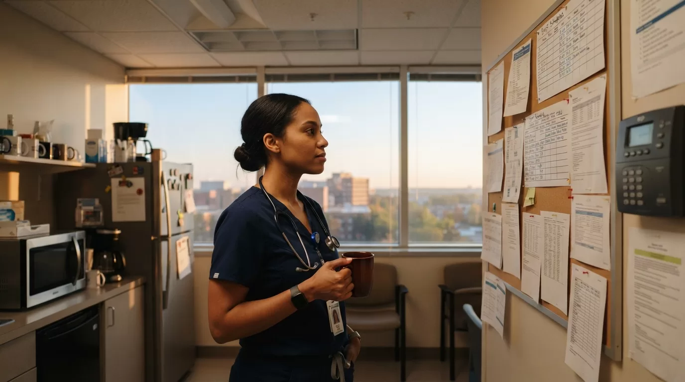 Nurse reviewing work schedule in hospital break room with morning sunlight streaming through windows