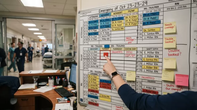 Emergency department staffing schedule board showing physician shifts and coverage planning