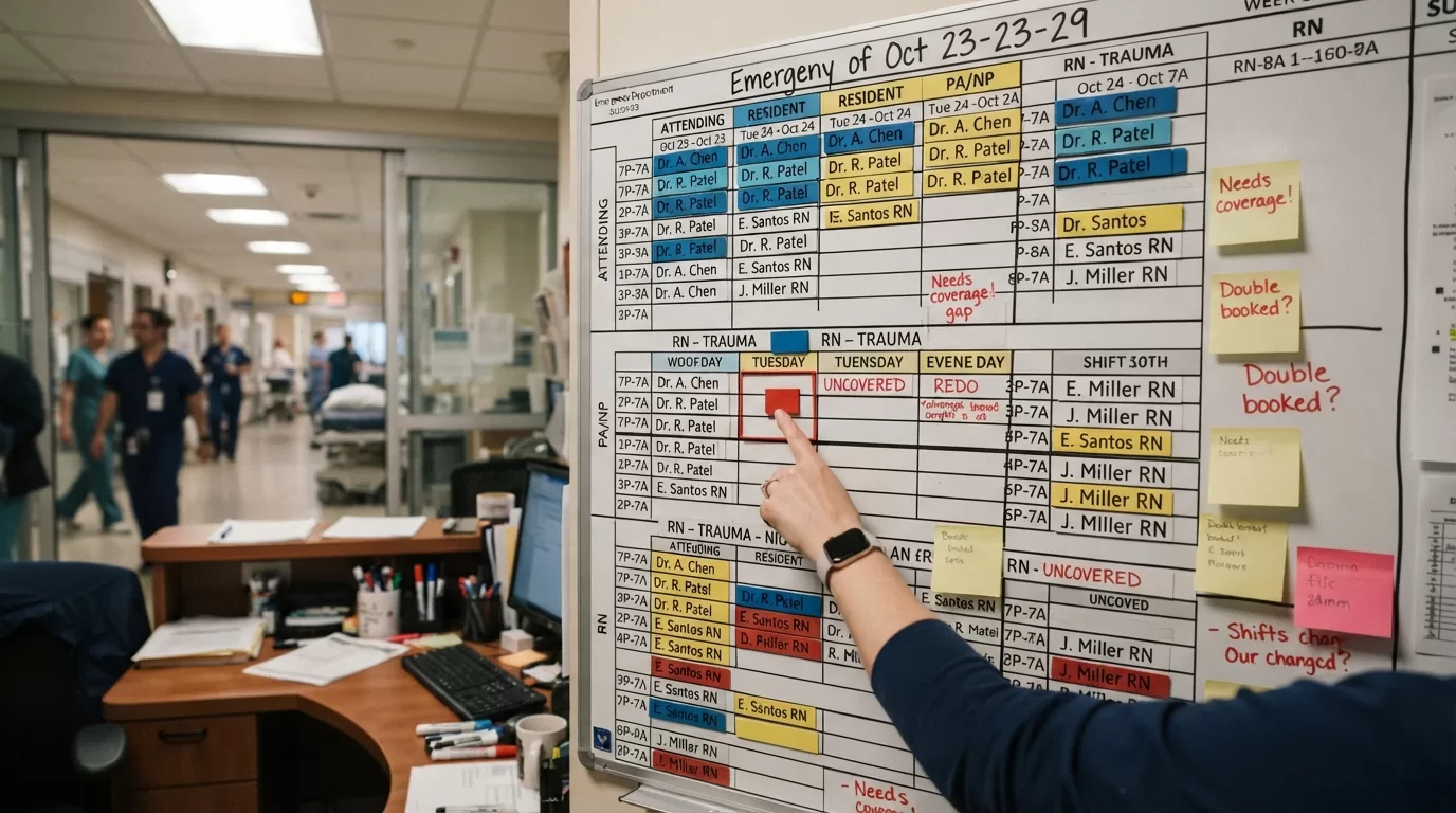 Emergency department staffing schedule board showing physician shifts and coverage planning