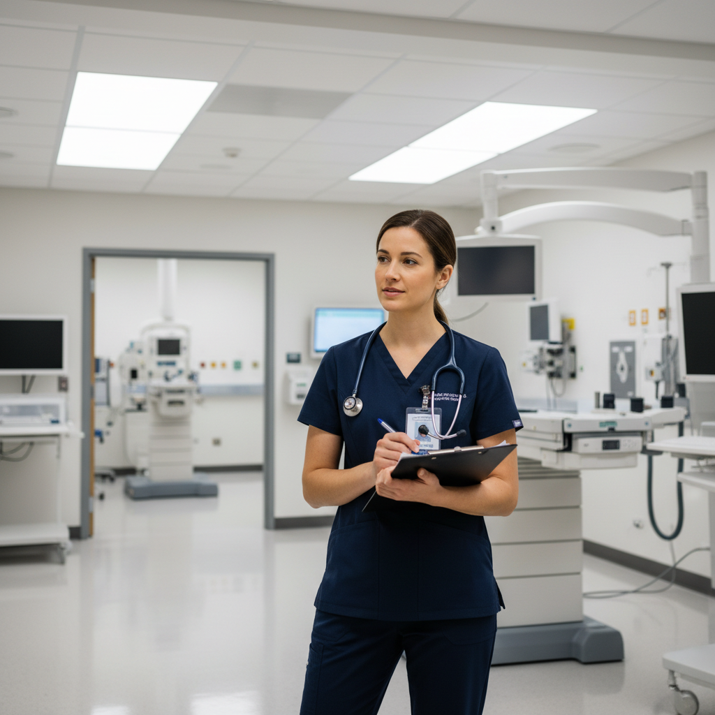 Nuclear medicine technologist preparing for hospital interview in modern imaging department