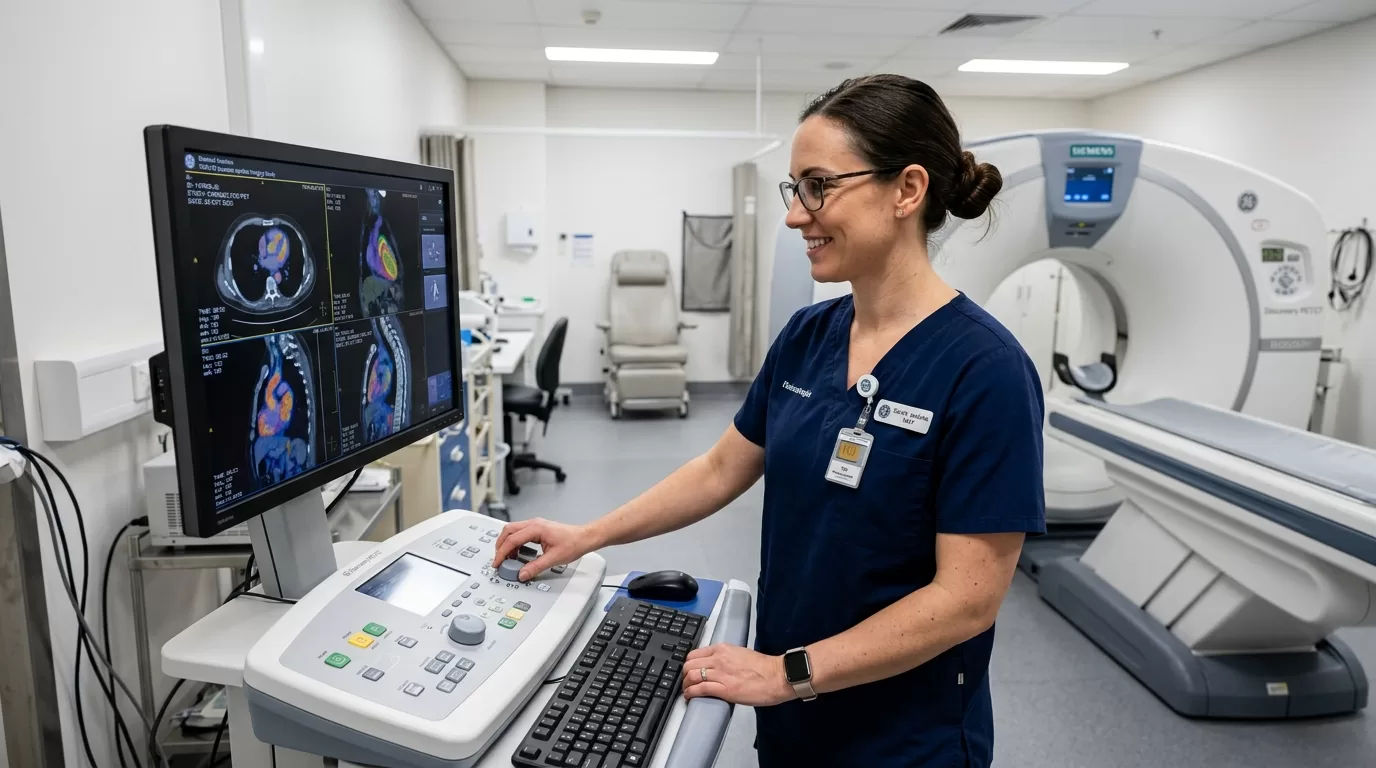 Nuclear medicine technologist operating PET/CT scanner in hospital imaging department