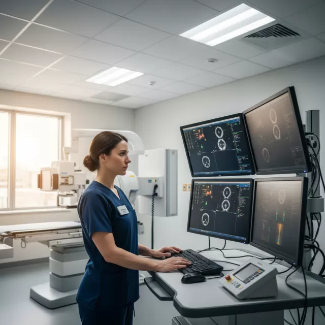Nuclear medicine technologist reviewing scan data at gamma camera console in hospital imaging suite
