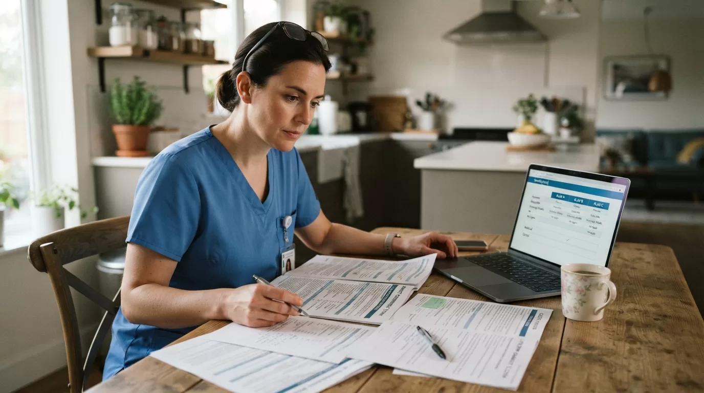 Nurse reviewing disability insurance documents during open enrollment at home