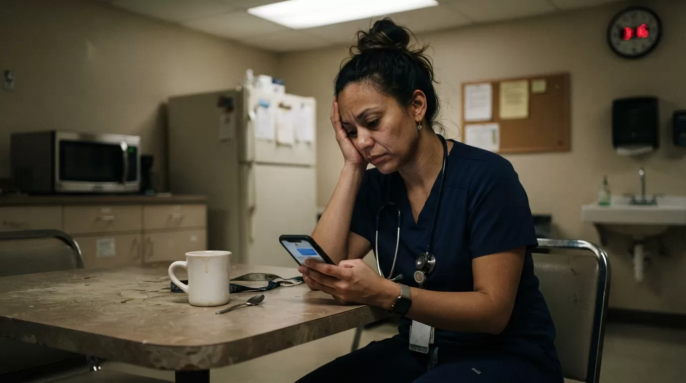 Nurse in break room holding phone during night shift, looking tired and contemplative