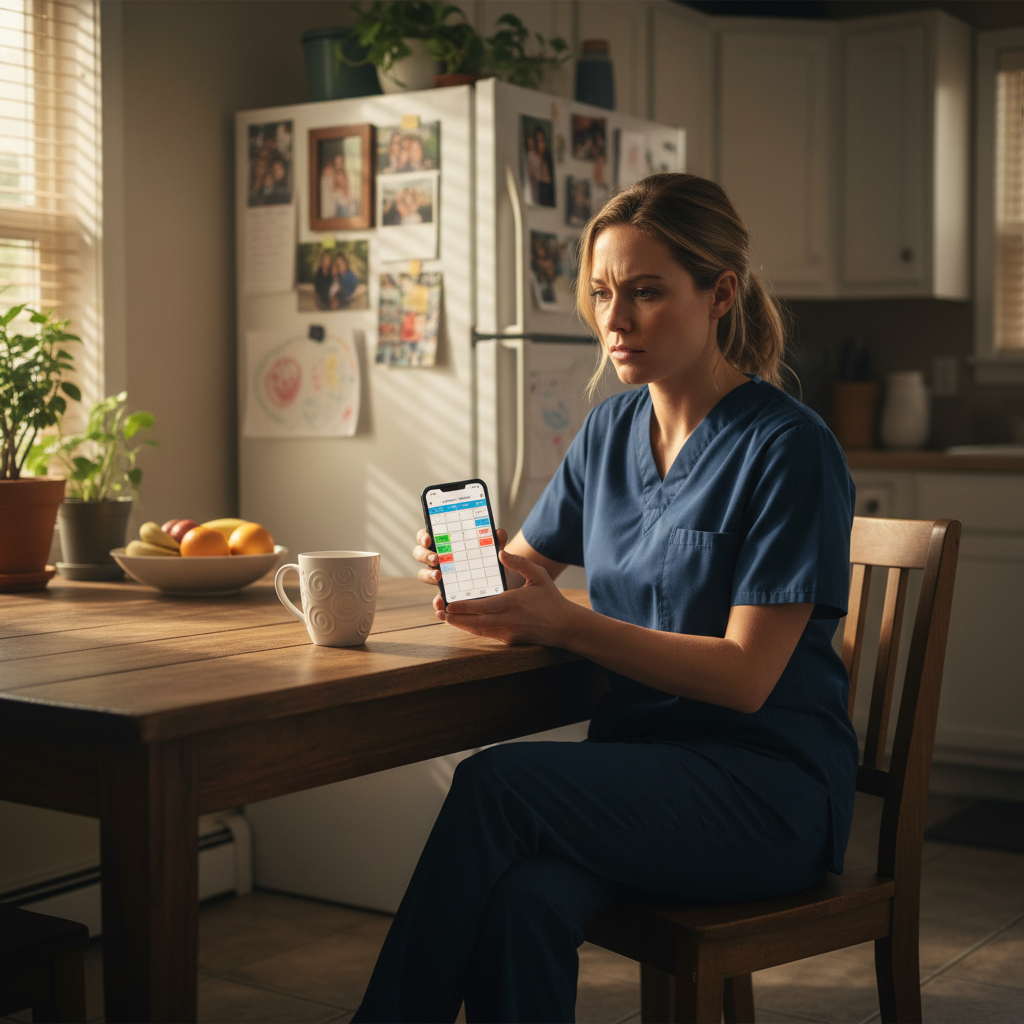 Nurse reviewing shift schedule on phone at home kitchen table in early morning light