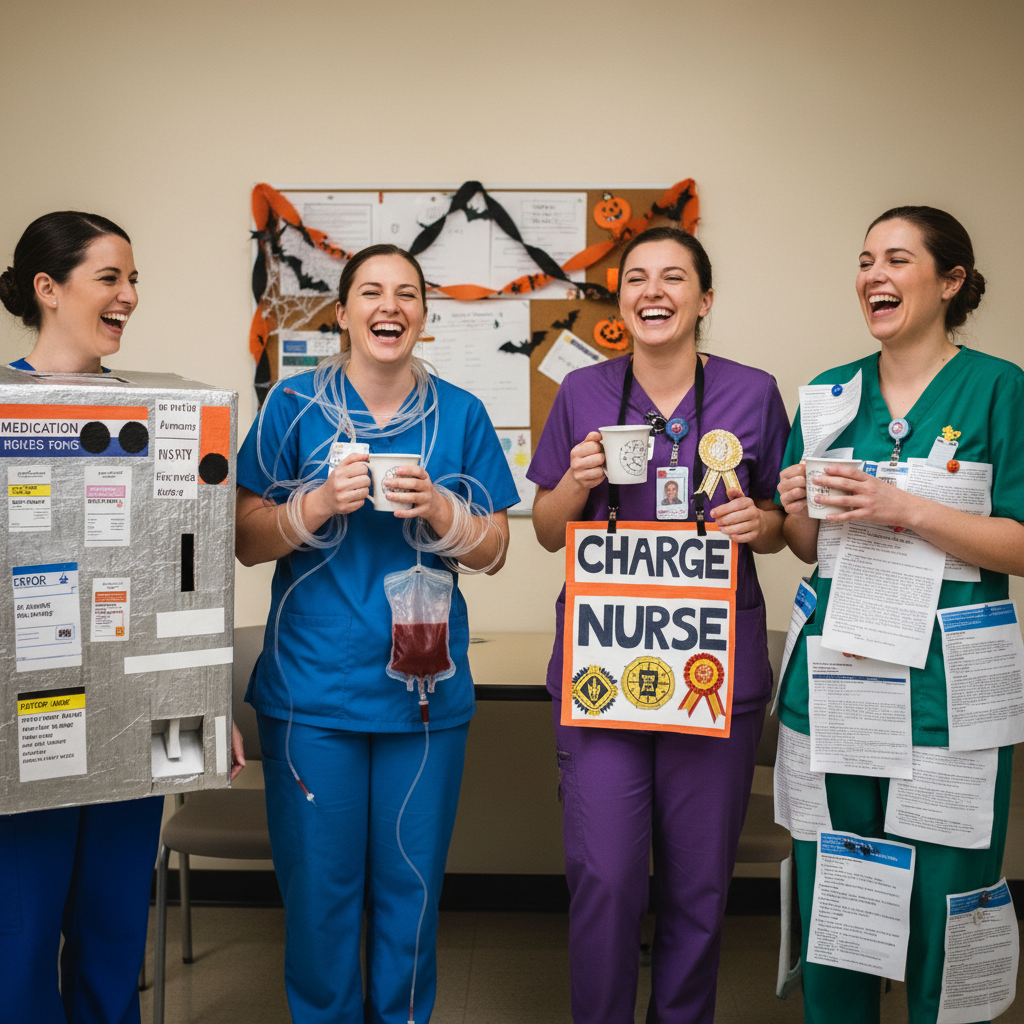 Nurses in creative Halloween costumes laughing together in hospital break room