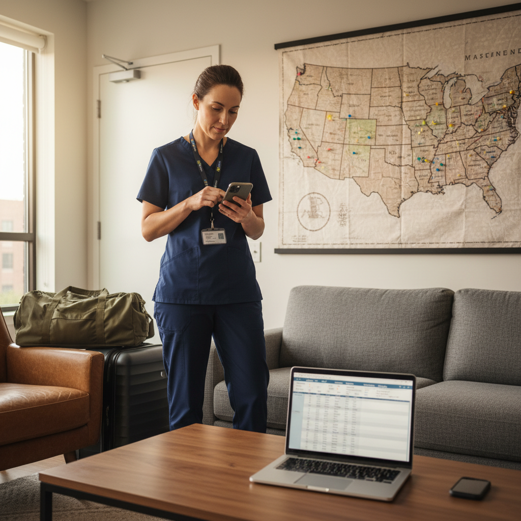 Travel nurse reviewing state map in apartment planning next multi-state nursing assignment