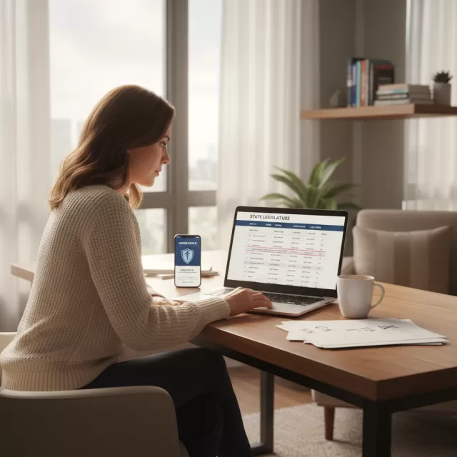 Travel nurse researching nursing licensure compact legislation on laptop at home office desk