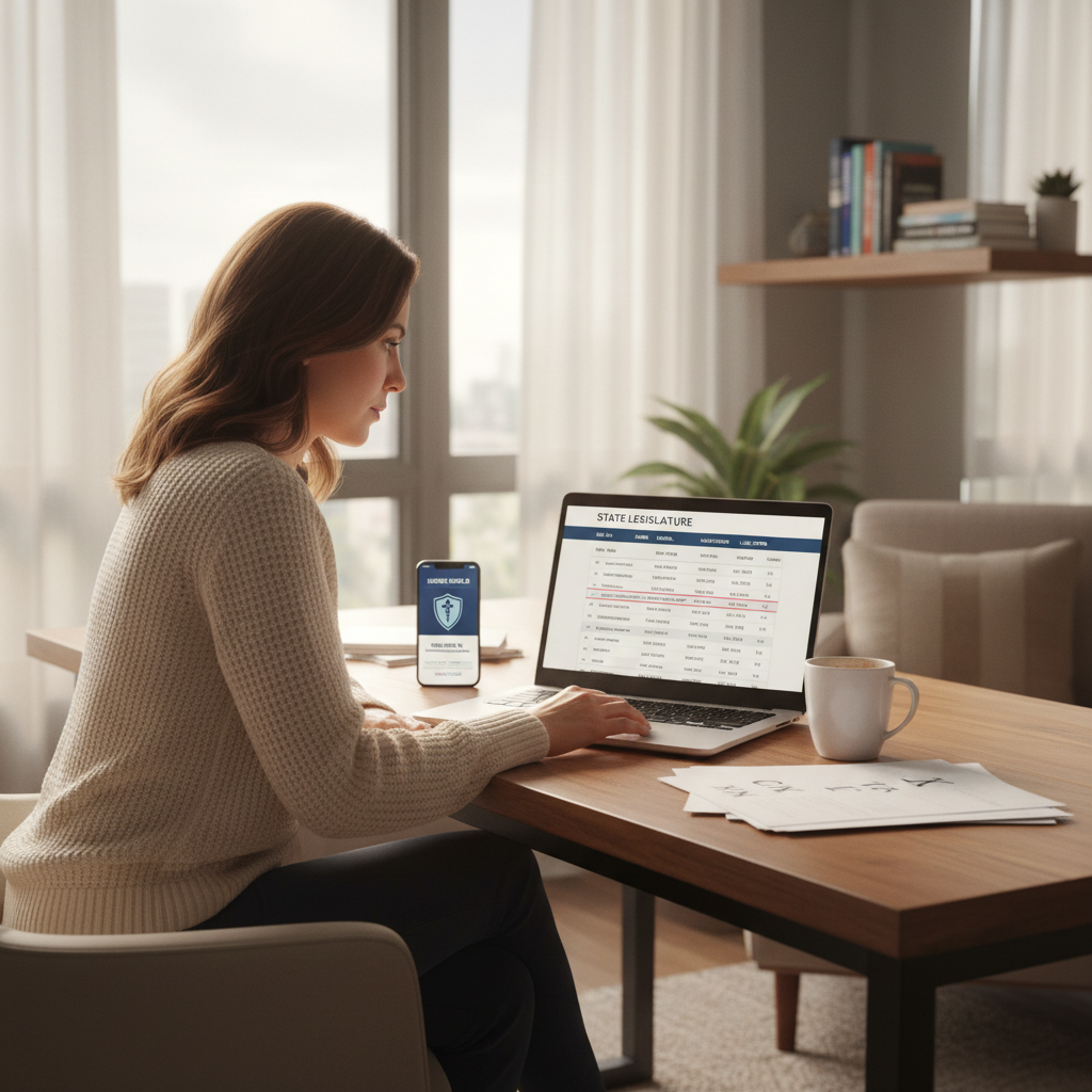 Travel nurse researching nursing licensure compact legislation on laptop at home office desk