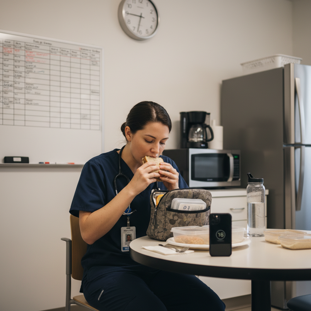 Nurse eating packed lunch quickly in hospital break room during short break