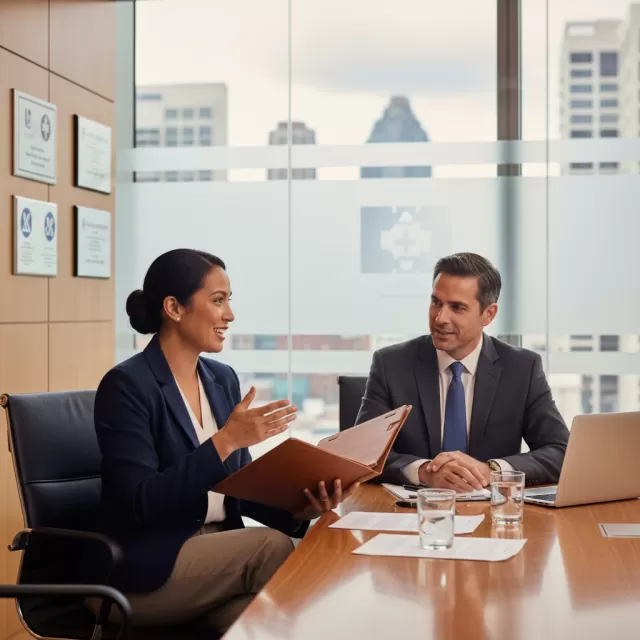Nurse manager candidate in professional interview setting with hospital administrator