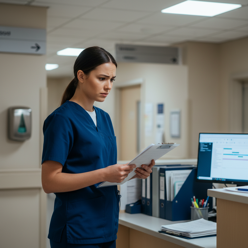 Nurse standing alone in hospital hallway holding clipboard looking uncertain about lack of orientation