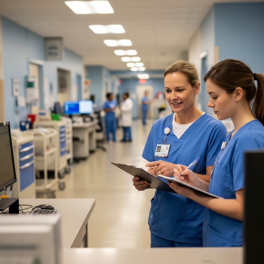 Experienced nurse preceptor teaching new nurse at hospital station with clipboard and notes