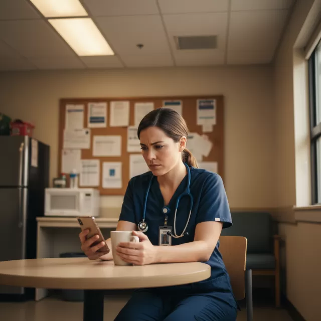 Nurse reviewing time off request on phone during break in hospital staff lounge