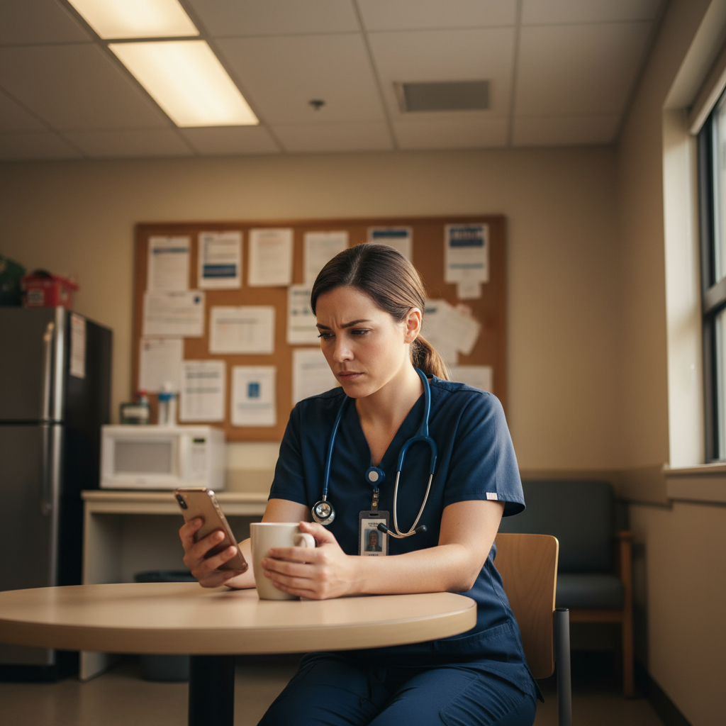 Nurse reviewing time off request on phone during break in hospital staff lounge