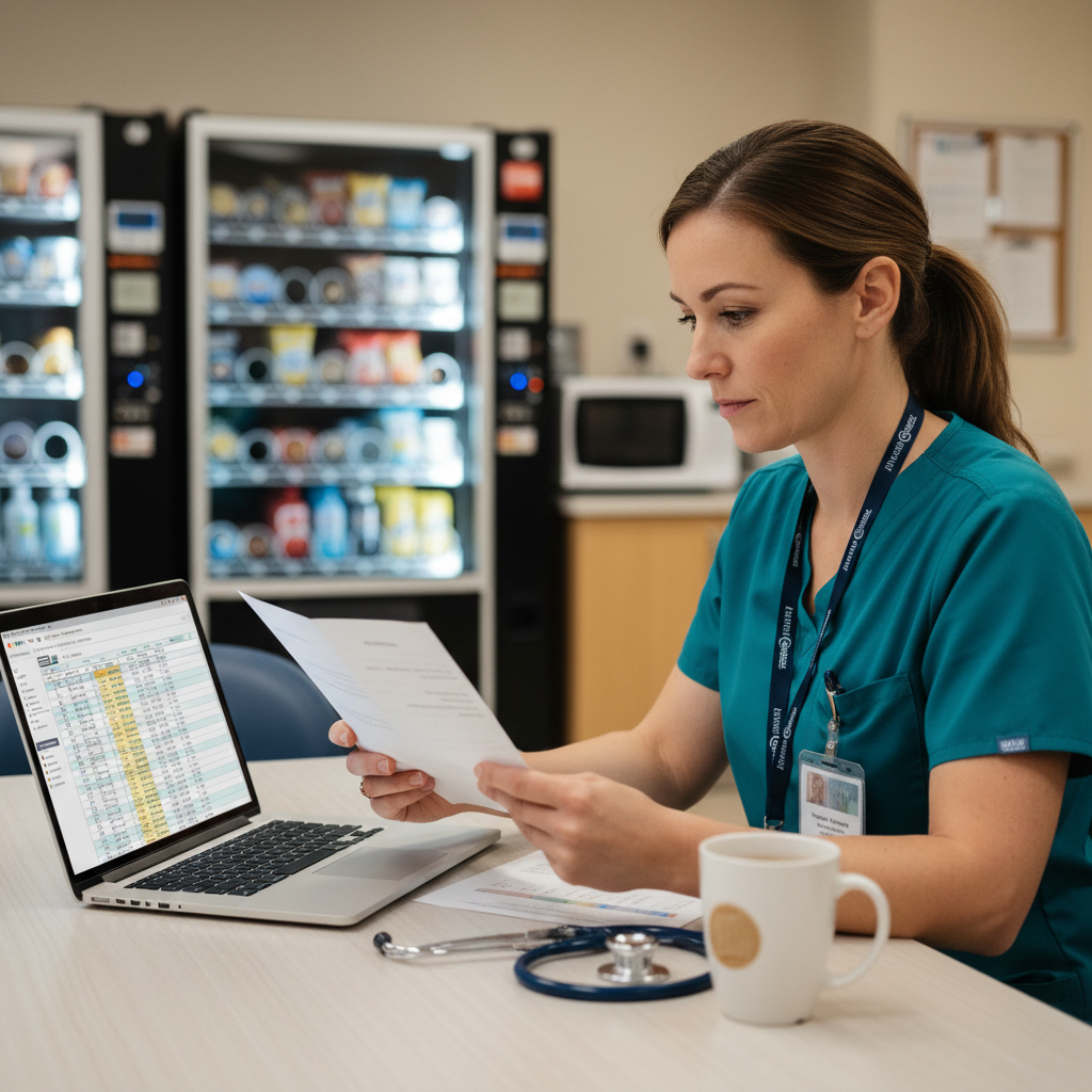 Nurse reviewing retention bonus payment documentation in hospital break room