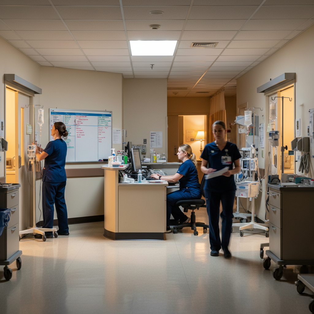 Hospital nurses working at nursing station with patient assignment board visible on wall