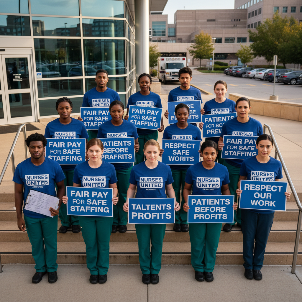 Nurses holding union signs during organizing activity outside hospital in June 2026