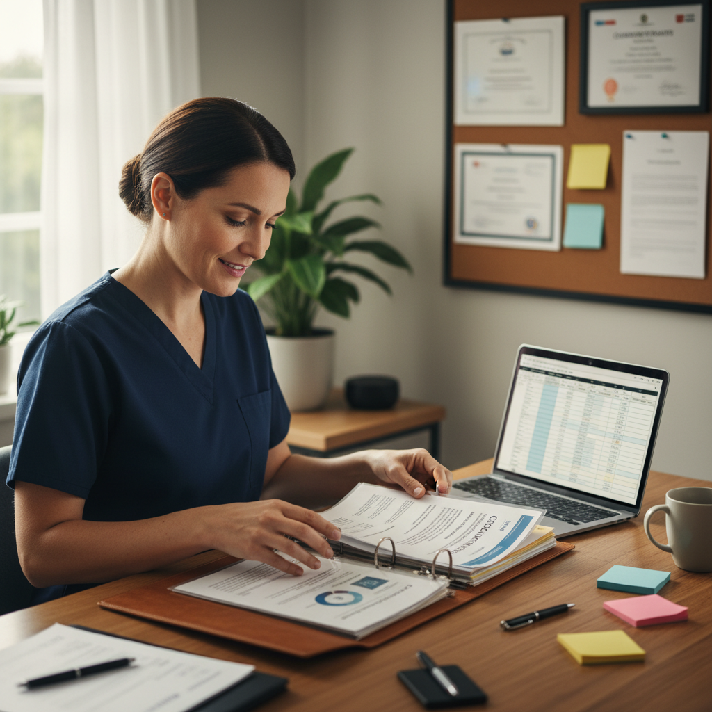 Nurse organizing professional brag book with certificates and achievements at home office desk